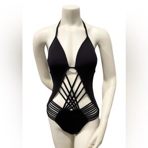 Kenneth Cole New York Black Cutout One-Piece Swimsuit Strappy Back Size 8